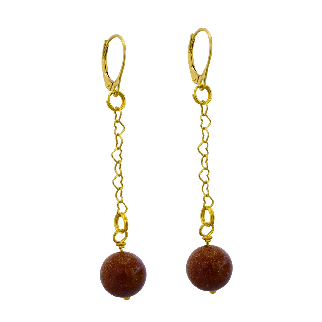 Brown Goldstone and Yellow Gold Vermeil Earrings, Heart Chain Earrings, Bloom Collection  | by nlanlaVictory